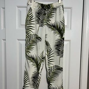 H&M Tropical Palm Leaf Ivory White Green Crepe Pull On Pants Trousers Size 4 New